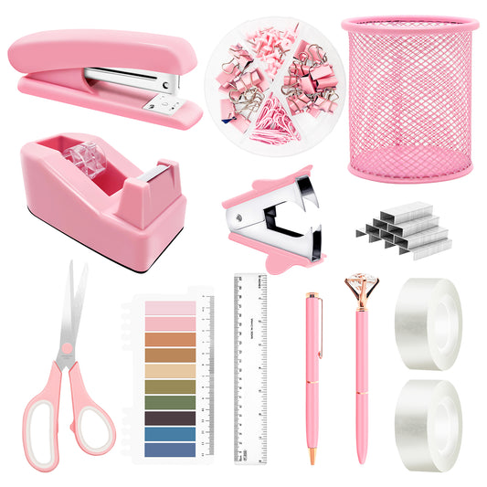 Pink Office Supplies Set Desk Accessories for Women with Stapler,Tape Dispenser,1000 Staples,Pen Holder,Staple Remover,Clips,Ruler,Scissors, Tabs,Tape,Ballpoint Pen