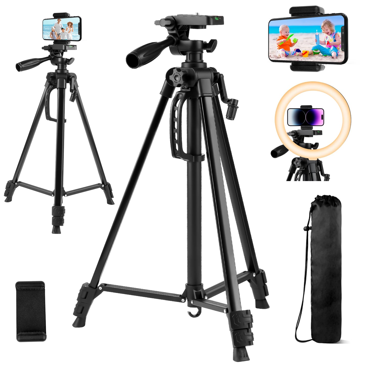 56" Tripod Stand, Portable Cellphone Tripod for iPhone Tablet, Camera Tripod with Travel Bag and Phone Holder, Black