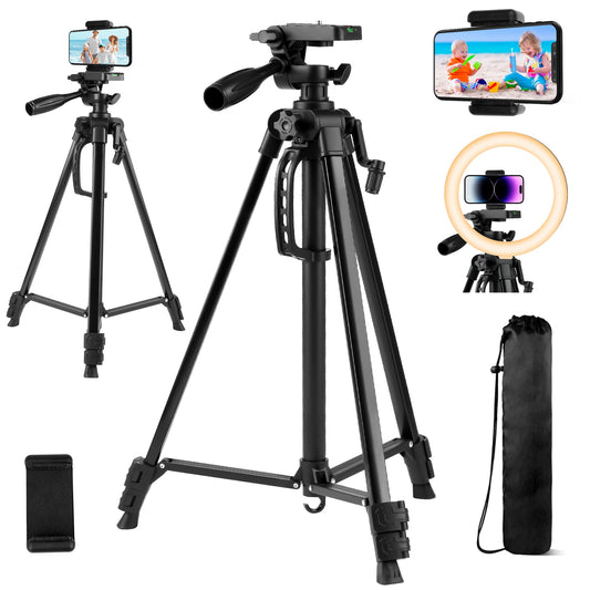 56" Tripod Stand, Portable Cellphone Tripod for iPhone Tablet, Camera Tripod with Travel Bag and Phone Holder, Black