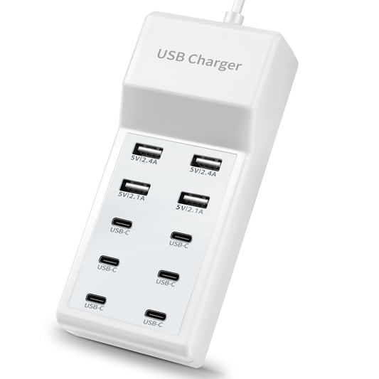 USB Charger Station Block with Rapid Charging Auto Detect Technology Safety Guaranteed 10-Port Family-Sized Smart USB Ports for Multiple Devices Smart Phone Tablet Headphones