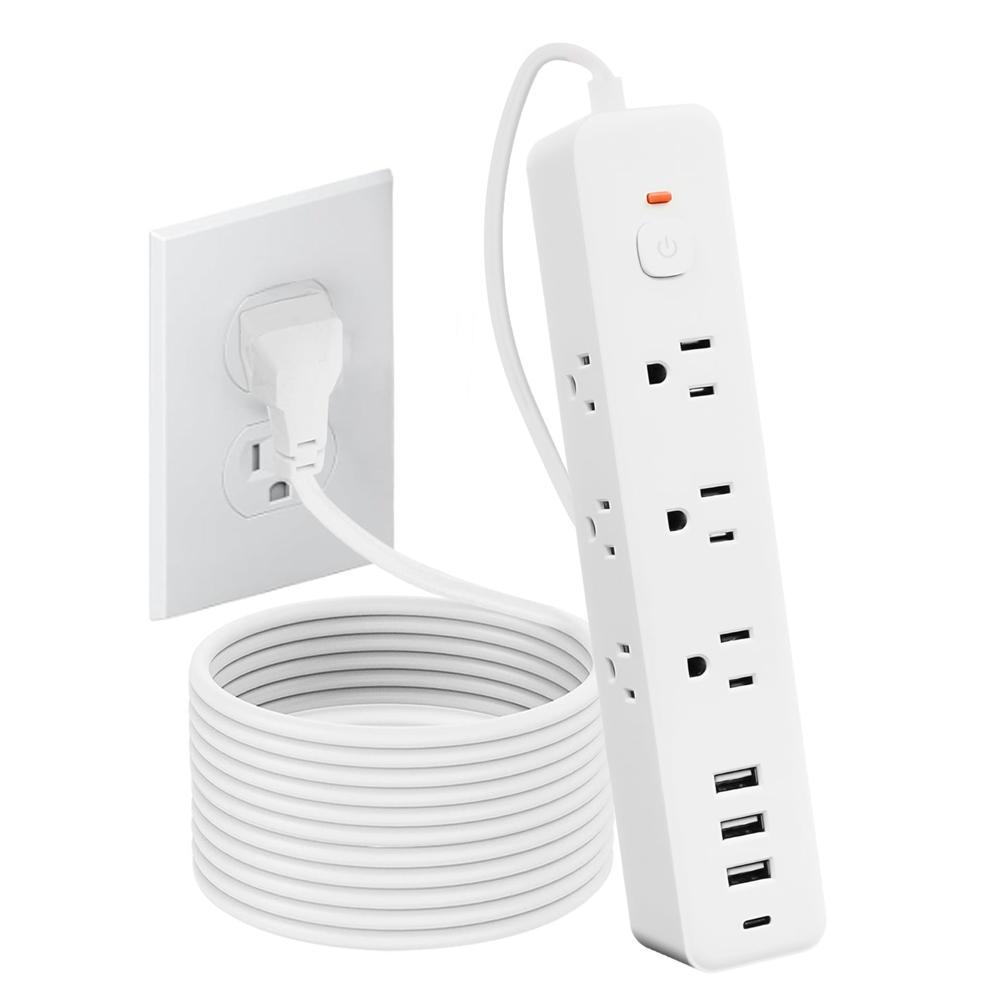 Surge Protector Power Strip with 9 Outlets Extender and 4 USB Ports (1 USB-C), 1800 Joules, Wall Mount 10Ft Ultra Flat Plug Extension Cord with Power Switch for Home, Office, Travel, White