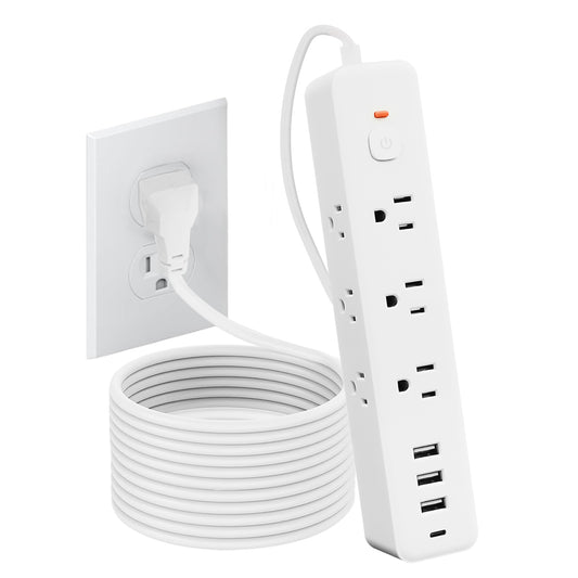 Surge Protector Power Strip with 9 Outlets Extender and 4 USB Ports (1 USB-C), 1800 Joules, Wall Mount 10Ft Ultra Flat Plug Extension Cord with Power Switch for Home, Office, Travel, White