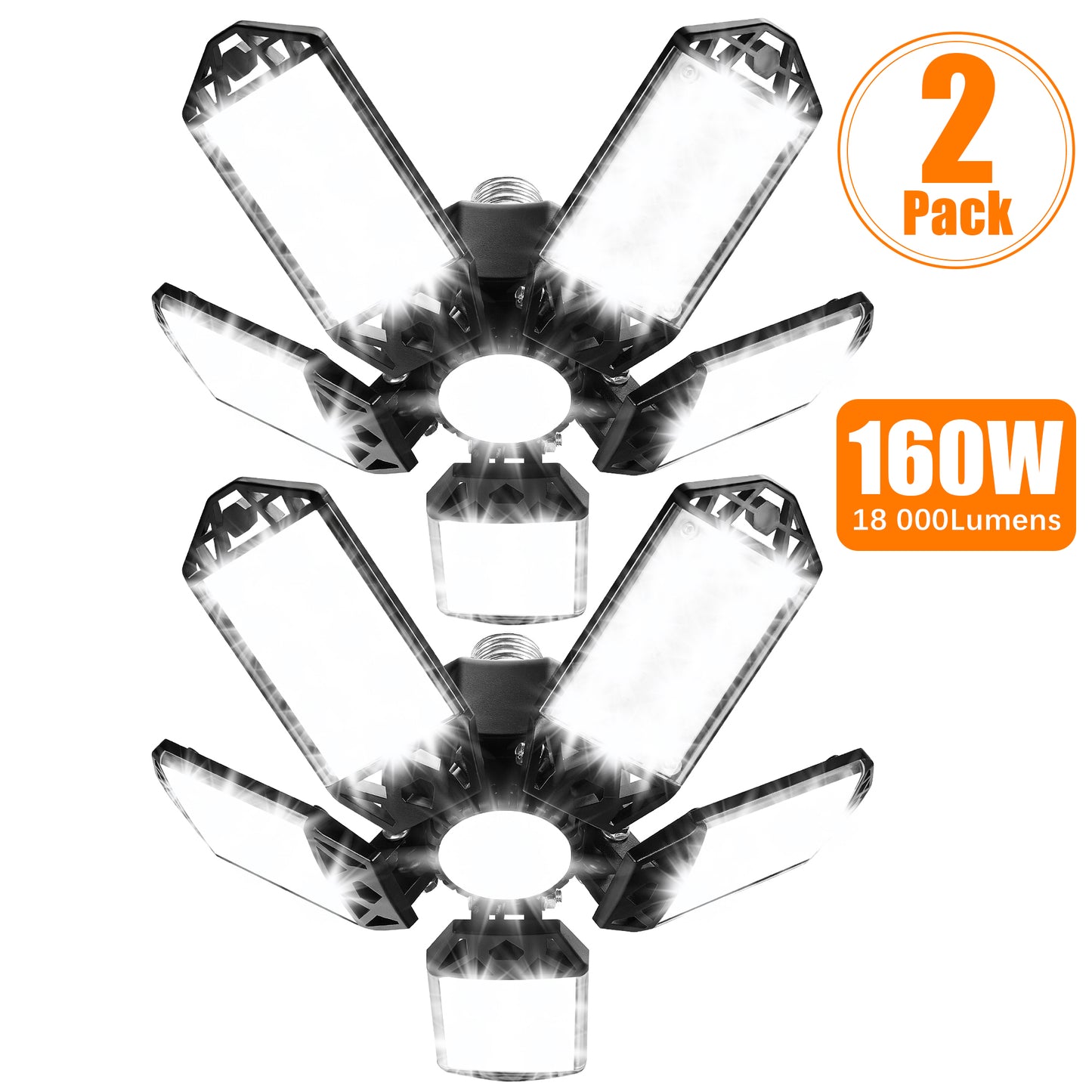 2 Pack LED Garage Lights, 160W 18000LM 6500K Deformable LED Garage Ceiling Light Shop Lights with 5 Adjustable Panels for Garage Workshop Basement Support E27 Screw Socket