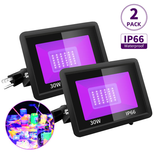 2 Pack 30W LED Black Lights, Blacklight Flood Light with Plug, IP66 Waterproof, for Major Holiday Party, Glow in The Dark, Stage Lighting, Aquarium, Body Paint, Fluorescent Poster, Neon Glow,Black