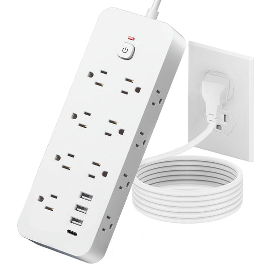 Power Strip Surge Protector, Meromore Flat Plug Extension Cord 10FT with 13 Outlets 4 USB Charger, 1875J Protection Multiple Outlets Charging Station for Home, Office, College Dorm Room White