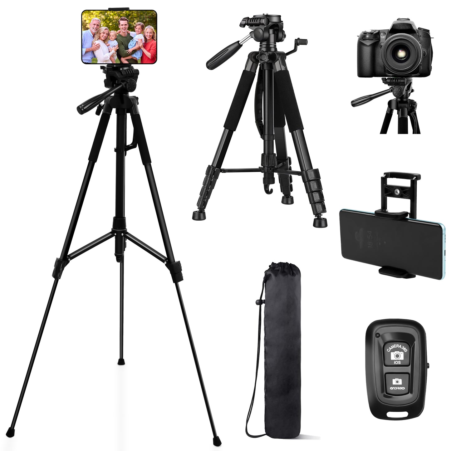 63” Tripod Stand, Camera Tripod with Travel Bag, Extendable Cell Phone Tripod Stand with Wireless Remote and Phone Holder, Compatible with Cameras, Phone & Tablet, Sport Camera