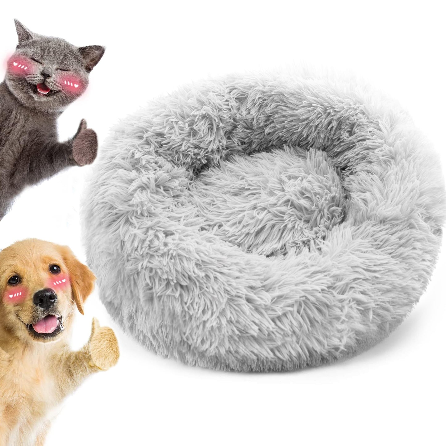 Calming Dog & Cat Bed, Anti-Anxiety Donut Washable Warming Soft Pet Bed, Fluffy Faux Fur Plush Cushion Bed for Small Medium Dogs and Cats-24inch