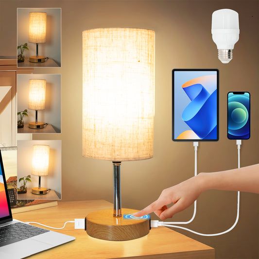 Table Lamp for Bedroom Nightstand - 3 Way Dimmable Touch Small Lamp USB C Charging Ports and AC Outlet, Wood Base Round Flaxen Fabric Shade for Living Room, Office Desk, LED Bulb Included