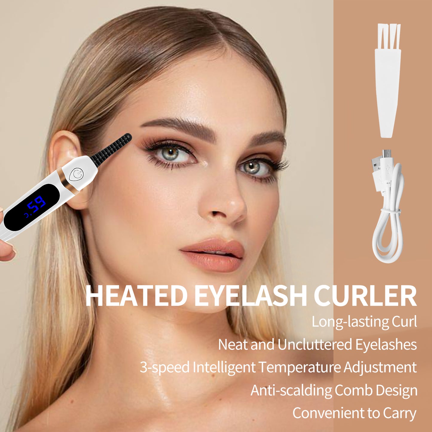 Heated Eyelash Curlers, Anti-Burn Rechargeable Heated Lash Curler, 3-Speed Intelligent Heated Lash Curler with Comb, Natural and Long-Lasting Electric Eyelash Curler