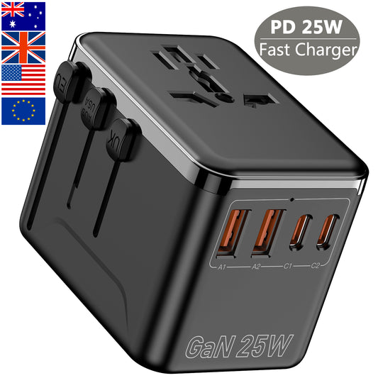 Universal Travel Adapter, GaN 25W International Power Adapter with 2 USB C 2 USB A Ports, Travel Worldwide Plug Adapter, Outlet Wall Charger for Europe UK AUS US (Black)