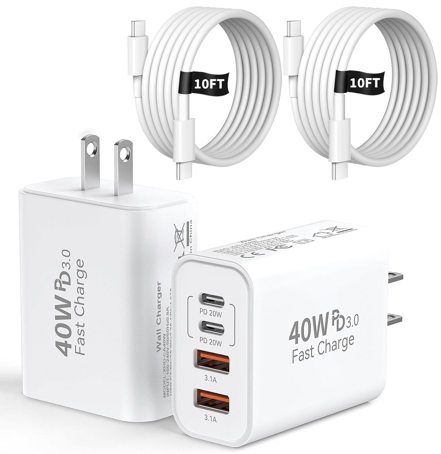 2Pack 40W USB C Charger Block with 10FT USB C to C Cable, 4 Port PD&QC Wall Charger Block Fast Charging Compatible with iPhone 16/16 Pro/16 Pro Max/16 Plus/15/15 Pro/15Pro Max/iPad