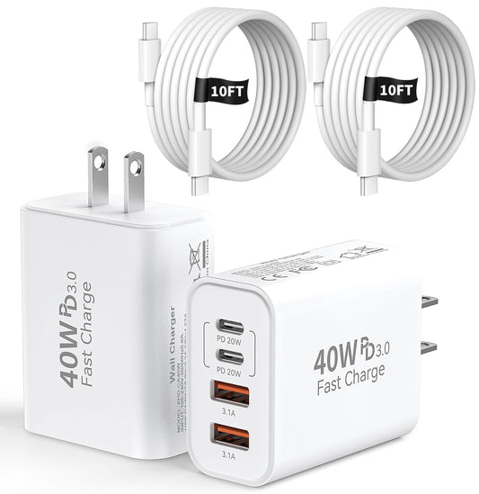 2Pack 40W USB C Charger Block with 10FT USB C to C Cable, 4 Port PD&QC Wall Charger Block Fast Charging Compatible with iPhone 16/16 Pro/16 Pro Max/16 Plus/15/15 Pro/15Pro Max/iPad