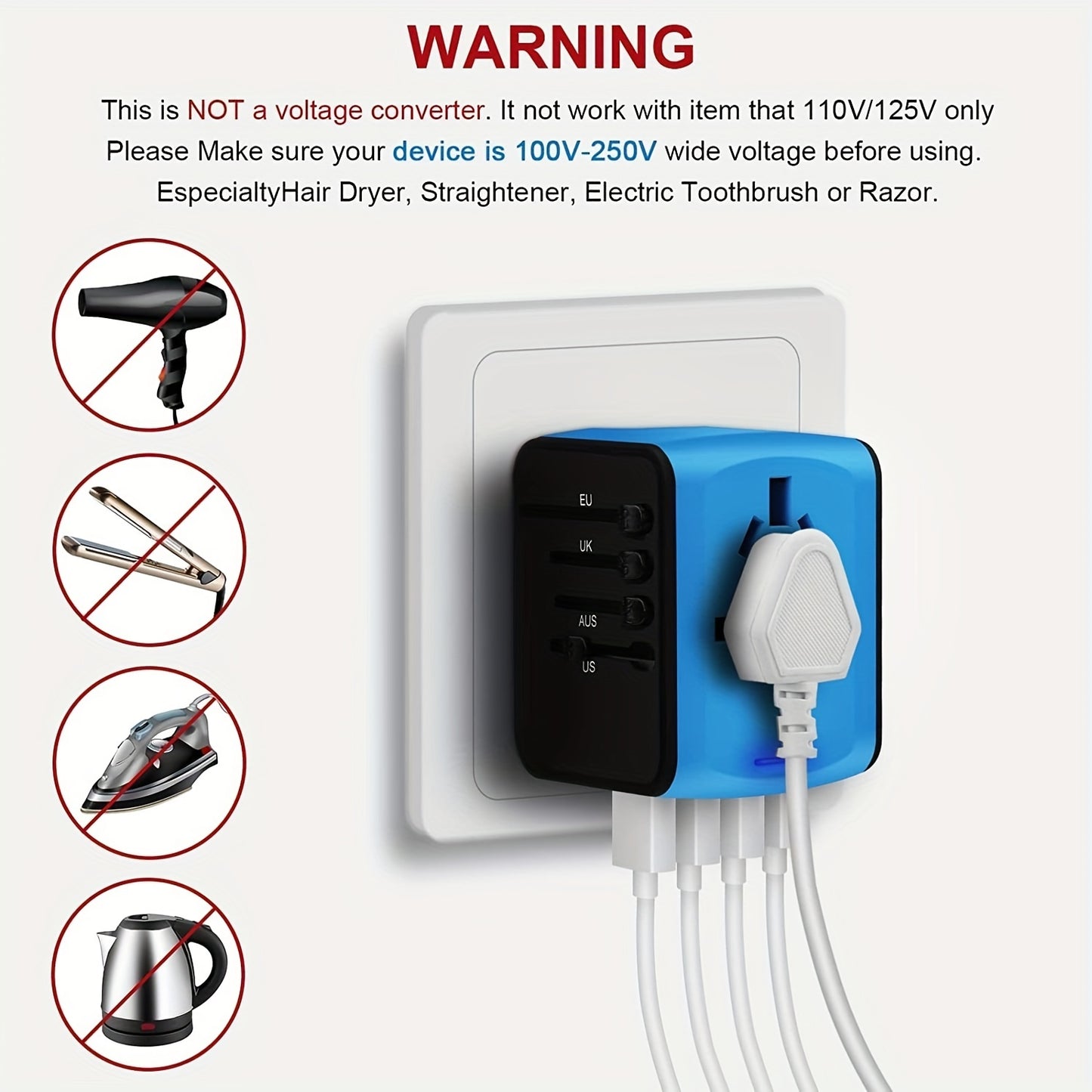 Universal Travel Adapter, Meromore European Travel Plug Adapter with Type C, Blue