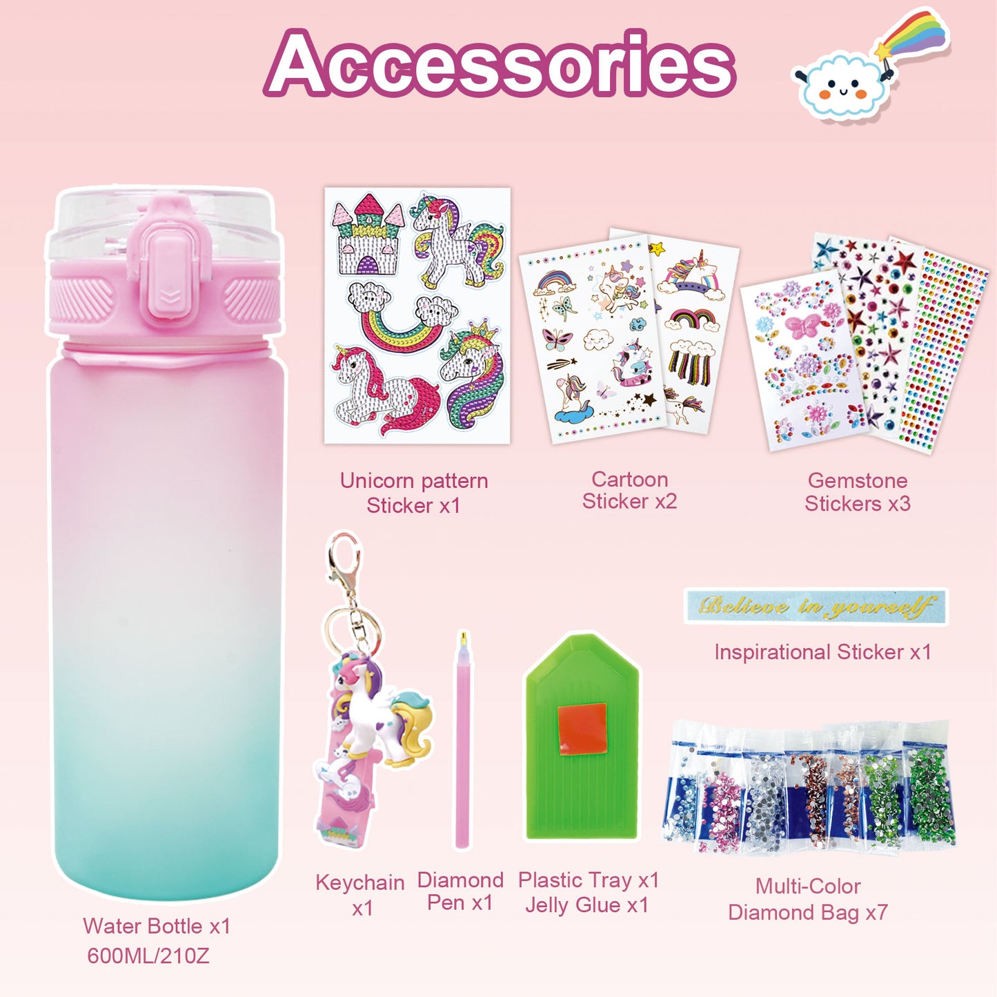 Decorate Your Own Water Bottle Kits for Girls Age 4-6-8-10, Unicorn Themed Gem Diamond Crafts Art Painting, Fun Arts and Crafts Gifts Toys for Girls Birthday Christmas