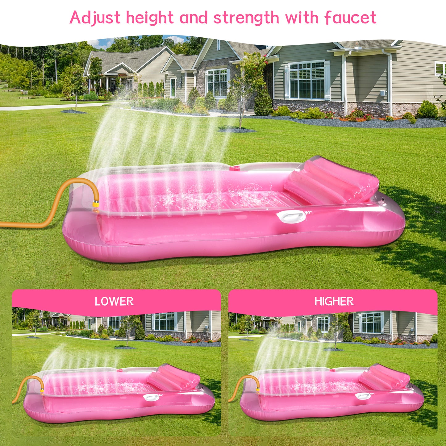 Inflatable Tanning Pool Lounger Float with Sprinkler, 81" x 52" Pool Floats Adult with Pillow, all in one Suntan Tub Raft Floatie with Drink Holder Sunbathing Water Lounge (Clear Pink)