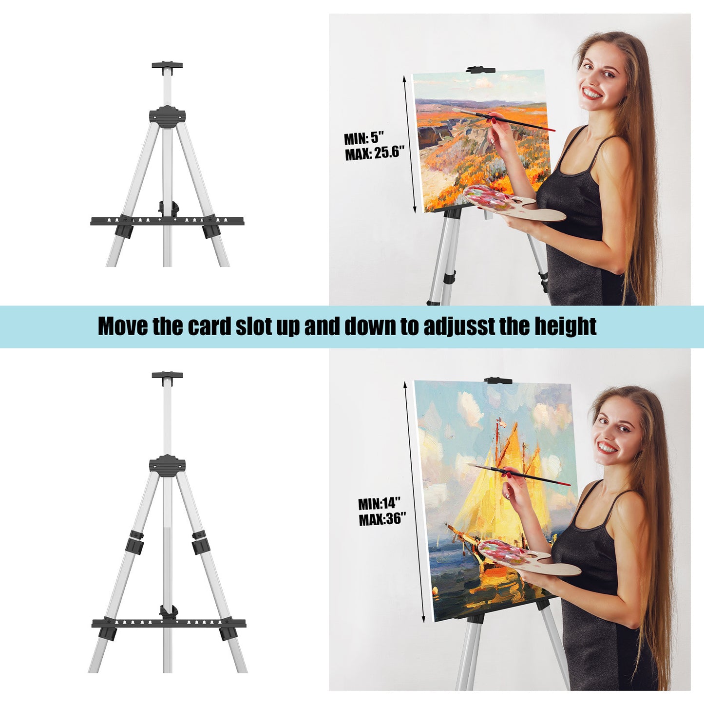 Artist Easel Stand, Aluminum Metal Tripod Adjustable Easel for Painting Canvases Height from 17 to 59 Inch, Carry Bag for Table-Top/Floor Drawing and Displaying