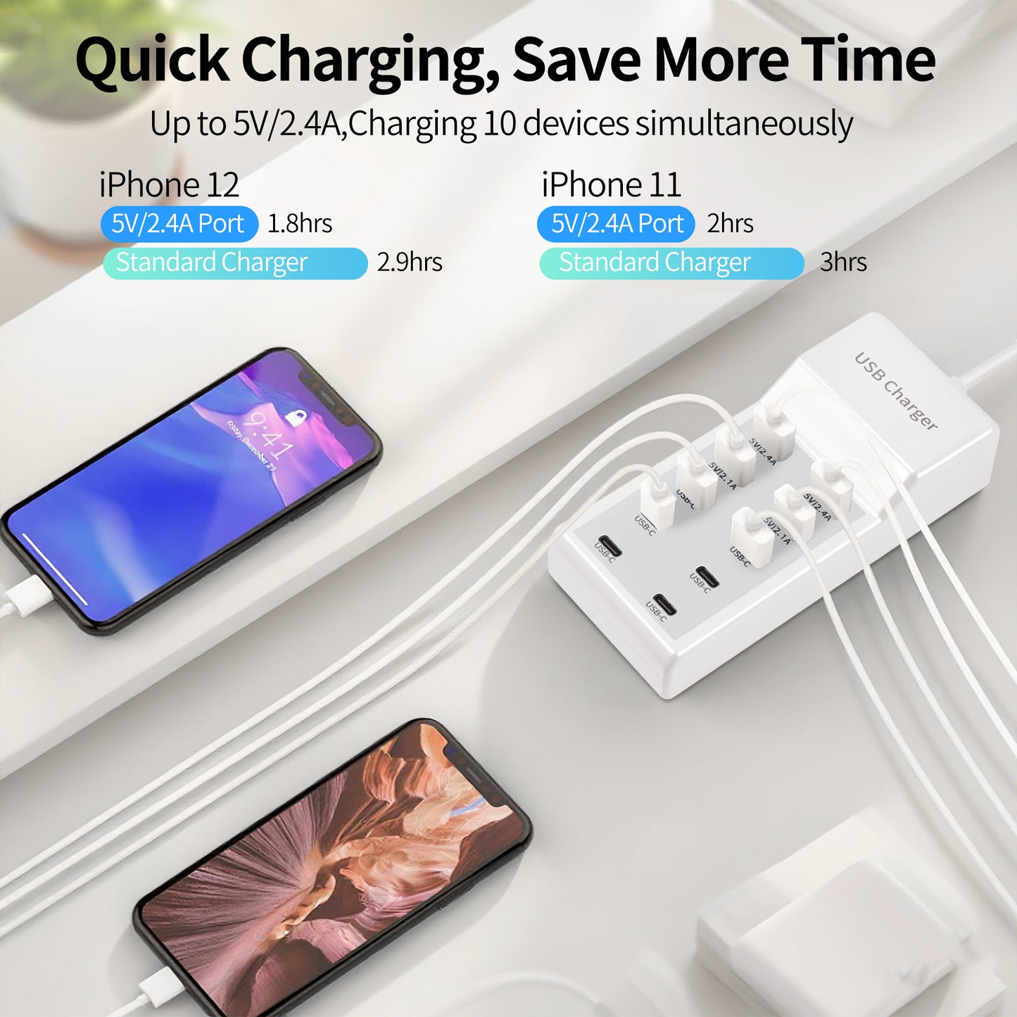 USB Charger Station Block with Rapid Charging Auto Detect Technology Safety Guaranteed 10-Port Family-Sized Smart USB Ports for Multiple Devices Smart Phone Tablet Headphones