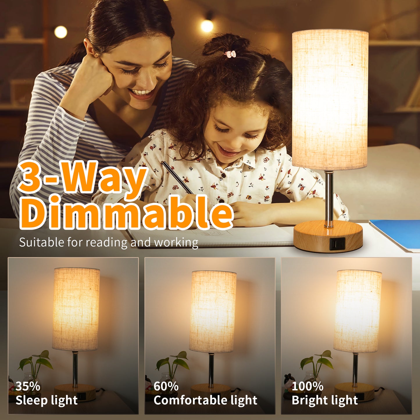 Table Lamp for Bedroom Nightstand - 3 Way Dimmable Touch Small Lamp USB C Charging Ports and AC Outlet, Wood Base Round Flaxen Fabric Shade for Living Room, Office Desk, LED Bulb Included