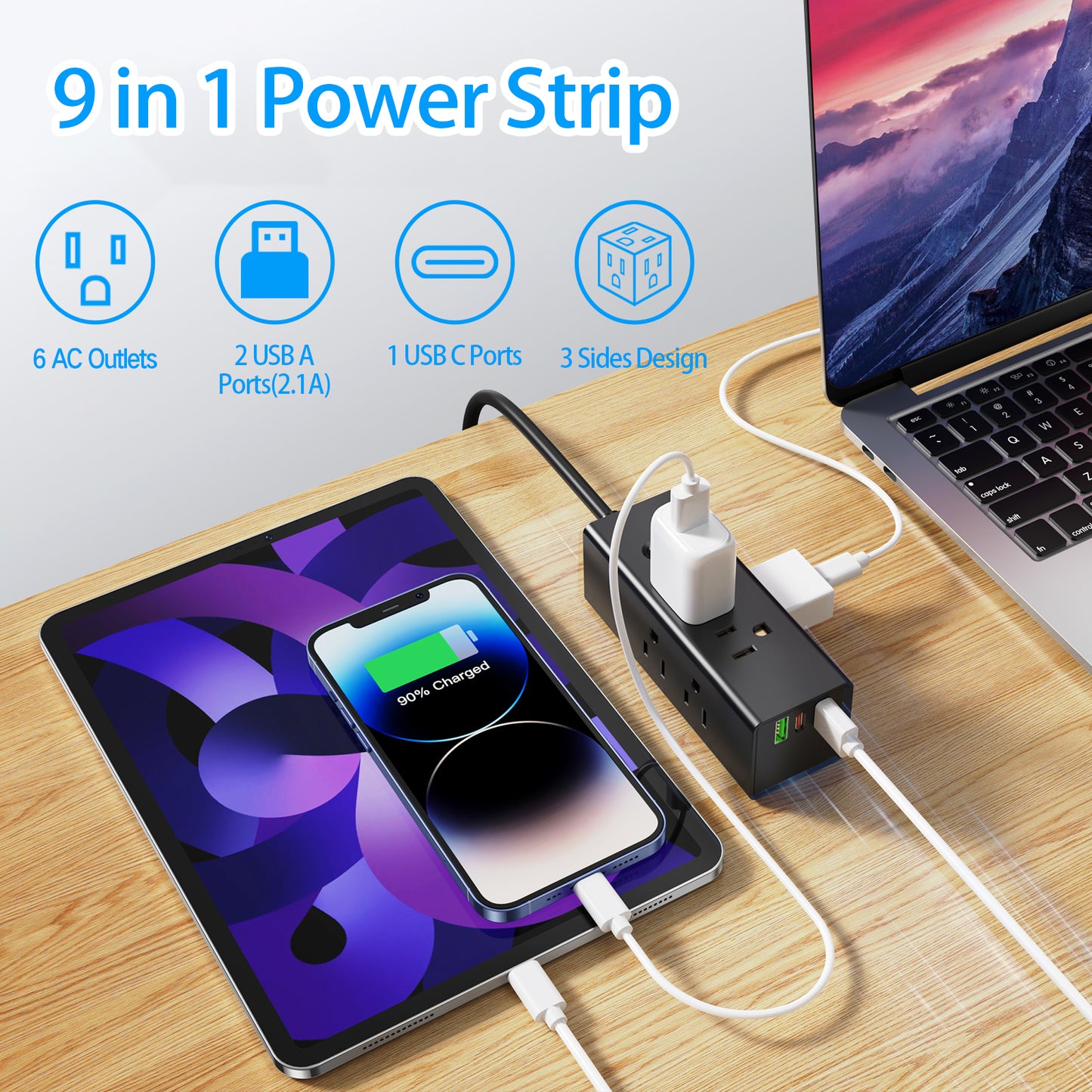 Flat Plug Power Strip Surge Protector, 6 Outlets with 3 USB Ports (1 USB C), 3-Side Outlet Extender Strip, Wall Mount Small Power Strip for Travel Home Office College Dorm