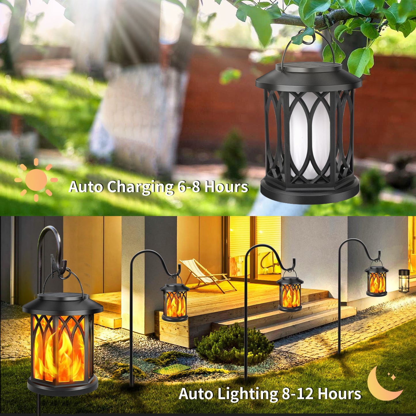 2 Pack Solar Lantern Outdoor Lights, Upgraded Flickering Flame Solar Lanterns Lights Outdoor Waterproof, Hanging Outdoor Solar Lanterns Lights, Solar Powered Lanterns for Yard Garden Decor