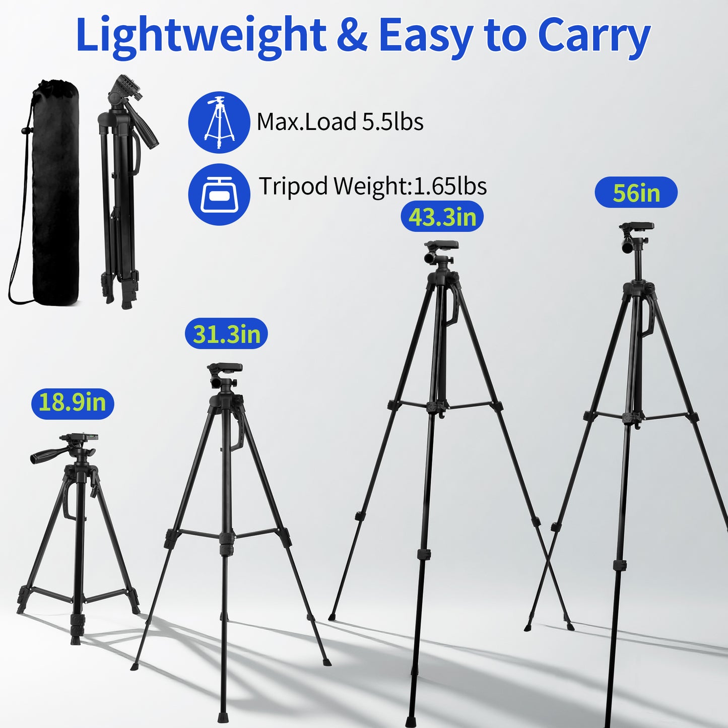 56" Tripod Stand, Portable Cellphone Tripod for iPhone Tablet, Camera Tripod with Travel Bag and Phone Holder, Black