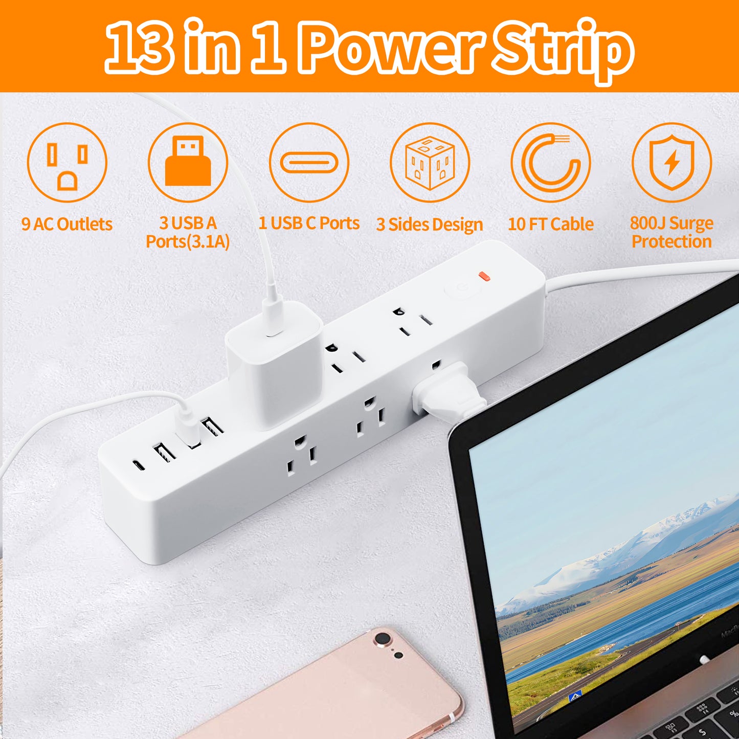 Surge Protector Power Strip with 9 Outlets Extender and 4 USB Ports (1 USB-C), 1800 Joules, Wall Mount 10Ft Ultra Flat Plug Extension Cord with Power Switch for Home, Office, Travel, White