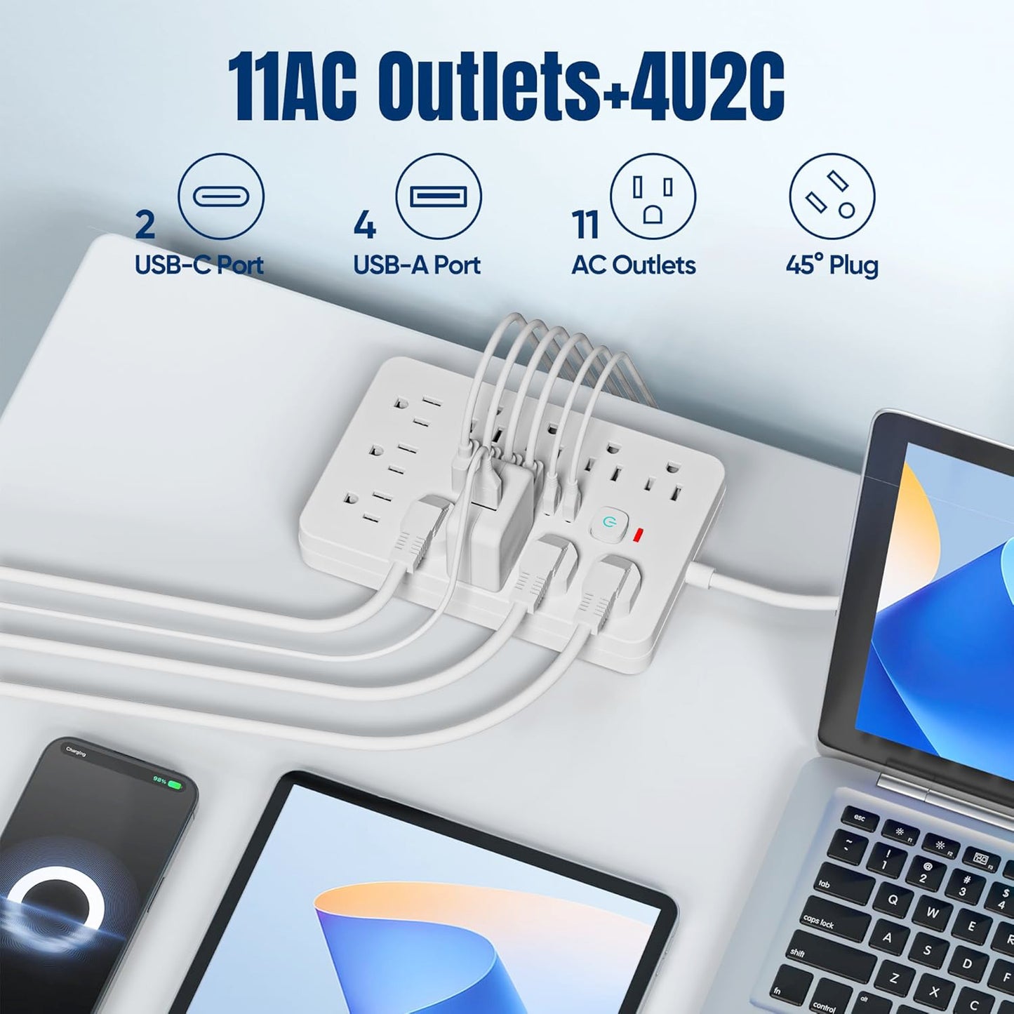 Power Strip, Surge Protector with 11 Multiple AC Outlets and 6 USB Ports (2 USB C), 6 Ft Extension Cord, 1250W/10A, One Touch Switch Button, 17 in 1 Compact powerstrip (White)