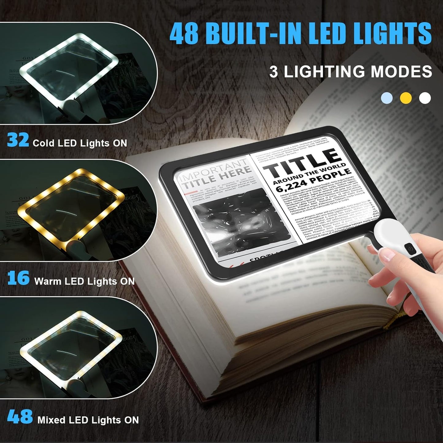 Large Magnifying Glass with Light, Full Page 5X Magnifier 48LED Cold & Warm Light with 3 Modes, Folding Handheld Illuminated Lighted Magnifier for Seniors Low Vision Reading Inspection