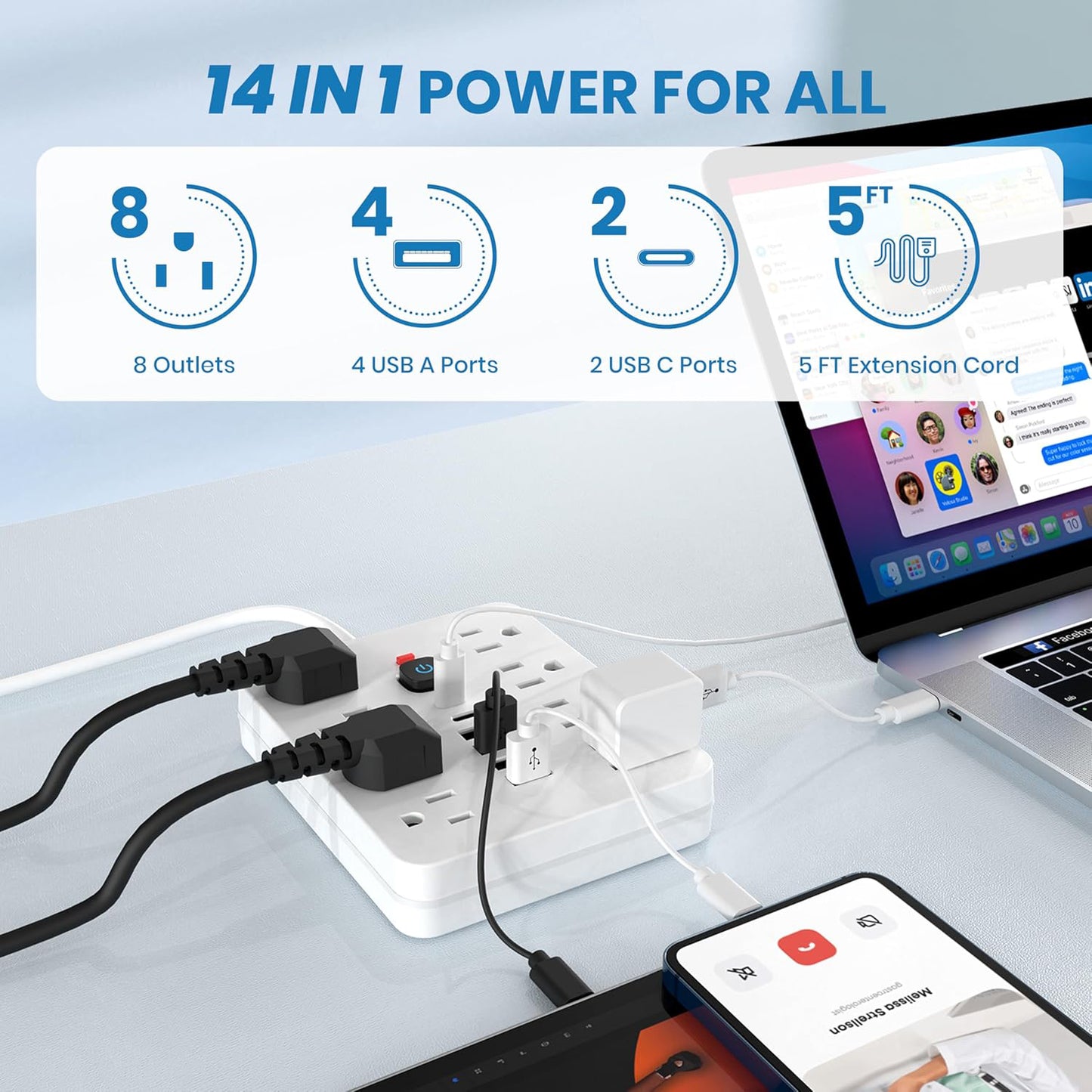 Power Strip, Surge Protector with 8 AC Outlets 6 USB Ports (2 USB C), 6 Ft Extension Cord, 1250W/10A, Wall Mount, Overload Protection Desk USB Charging Station for Home, Office (White)