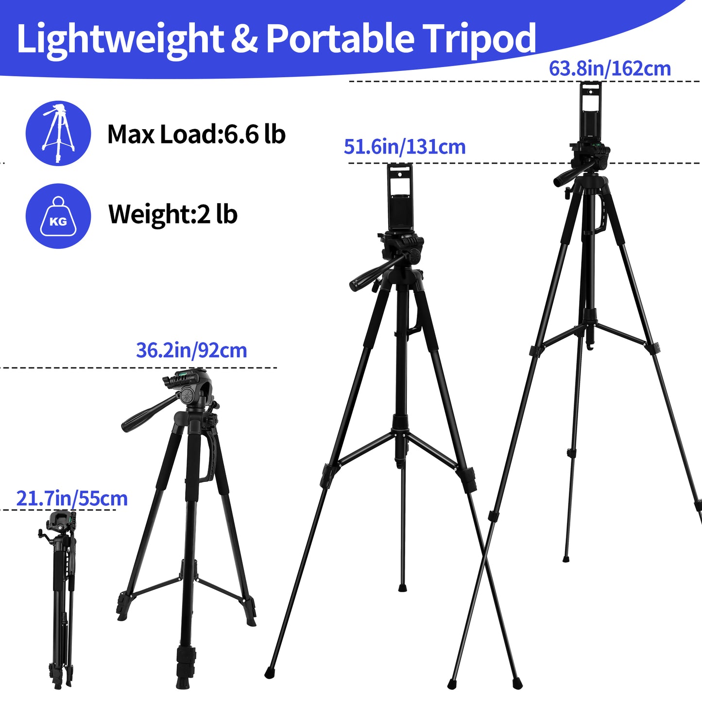 63” Tripod Stand, Camera Tripod with Travel Bag, Extendable Cell Phone Tripod Stand with Wireless Remote and Phone Holder, Compatible with Cameras, Phone & Tablet, Sport Camera