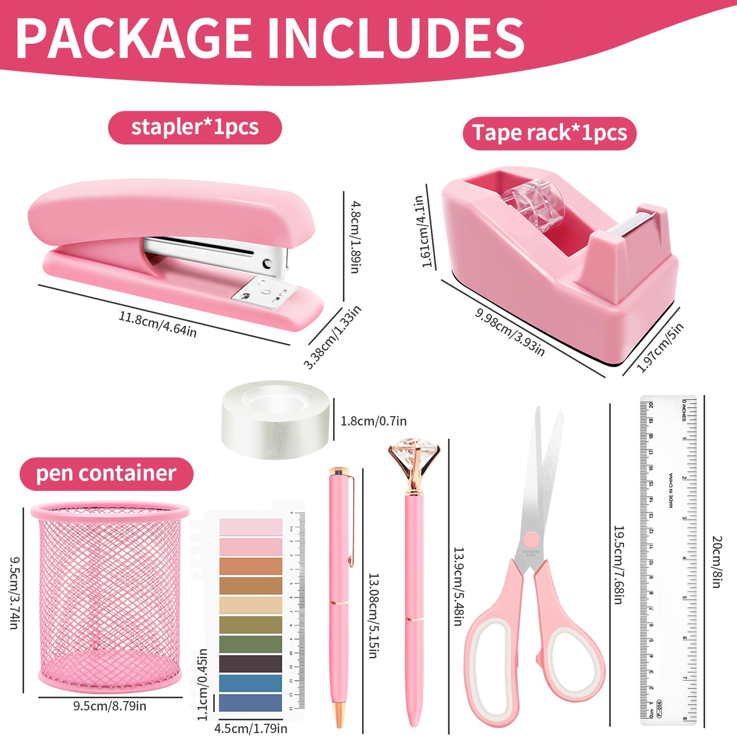 Pink Office Supplies Set Desk Accessories for Women with Stapler,Tape Dispenser,1000 Staples,Pen Holder,Staple Remover,Clips,Ruler,Scissors, Tabs,Tape,Ballpoint Pen