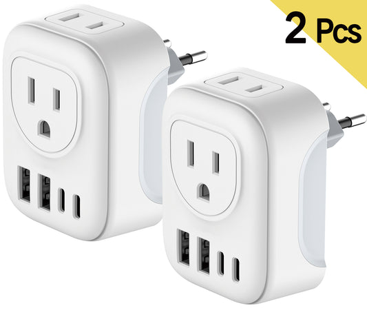 European Travel Plug Adapter, 2Pack Meromore International Plug Adapter with 2 AC Outlets 4 USB Ports(2 USB C), Type C Plug Adapter Travel Essentials for US to Most Europe France Germany Italy Spain
