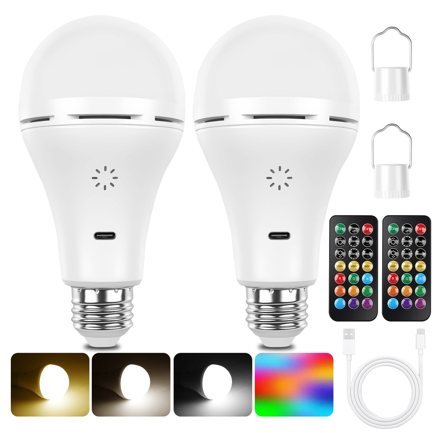 E26 Rechargeable Light Bulb with Remote and Timer, Battery Backup Bulb for Sconces and Lamps, Hanging LED Light Bulb with Hook for Camping Tent, Dimmable, 12 Colors Temperatures, 2 Pack