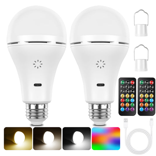 E26 Rechargeable Light Bulb with Remote and Timer, Battery Backup Bulb for Sconces and Lamps, Hanging LED Light Bulb with Hook for Camping Tent, Dimmable, 12 Colors Temperatures, 2 Pack