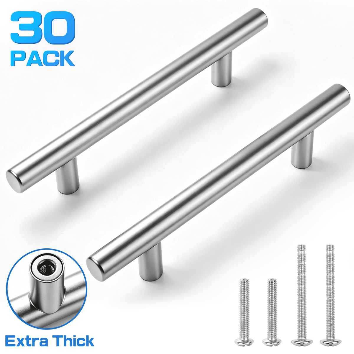 30 Pack 6 Inch Cabinet Pulls Satin Nickel Stainless Steel Kitchen Drawer Pulls Cupboard Pulls Brushed Nickel Cabinet Handles 6 Length ，3/4 Inch Hole Center with Mounting Template