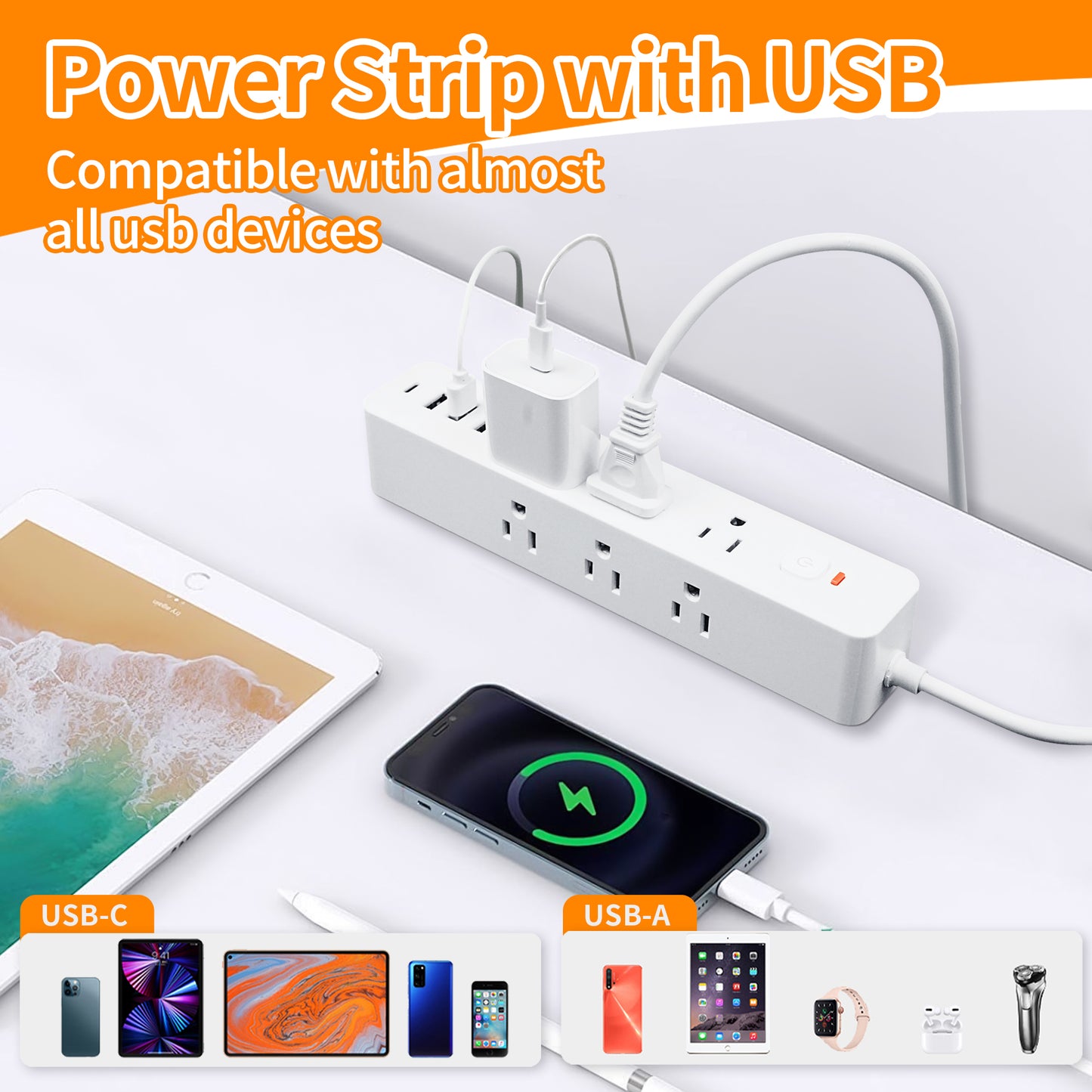 Surge Protector Power Strip with 9 Outlets Extender and 4 USB Ports (1 USB-C), 1800 Joules, Wall Mount 10Ft Ultra Flat Plug Extension Cord with Power Switch for Home, Office, Travel, White