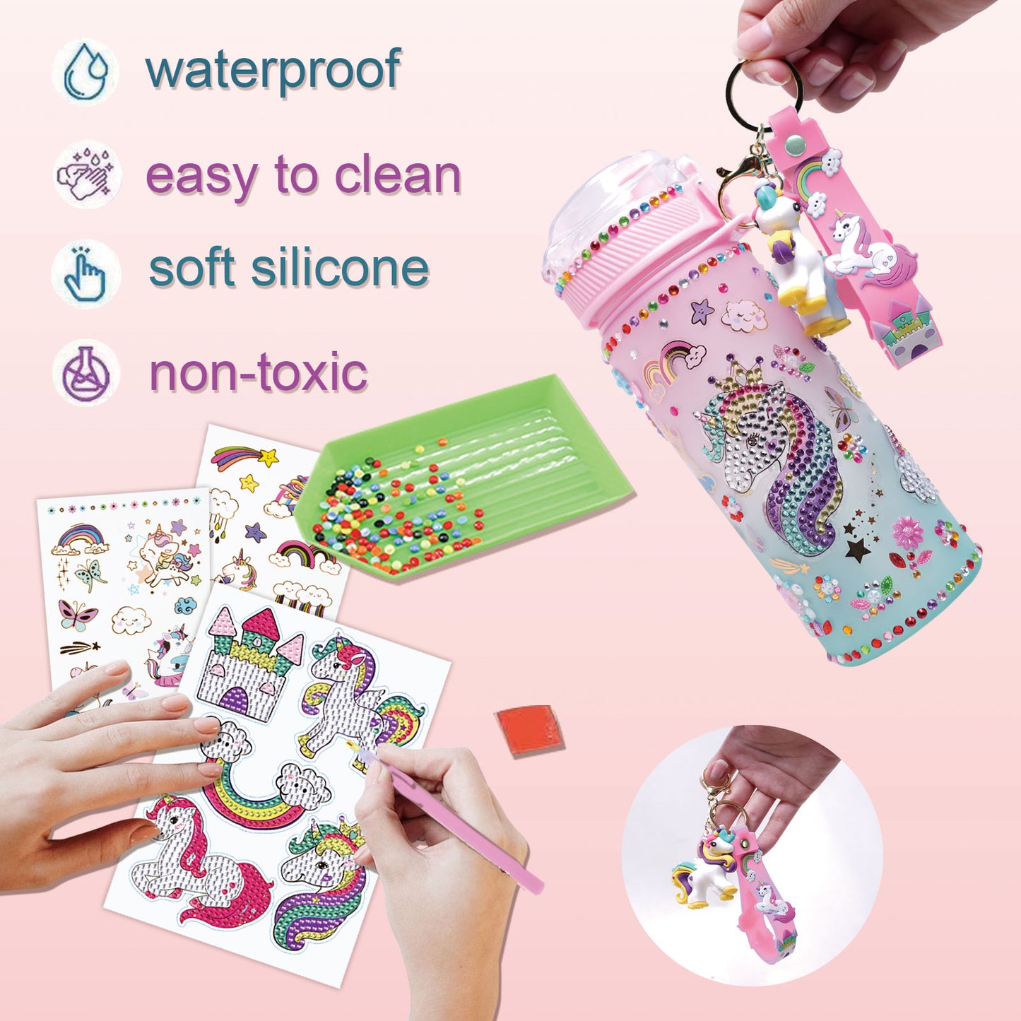 Decorate Your Own Water Bottle Kits for Girls Age 4-6-8-10, Unicorn Themed Gem Diamond Crafts Art Painting, Fun Arts and Crafts Gifts Toys for Girls Birthday Christmas
