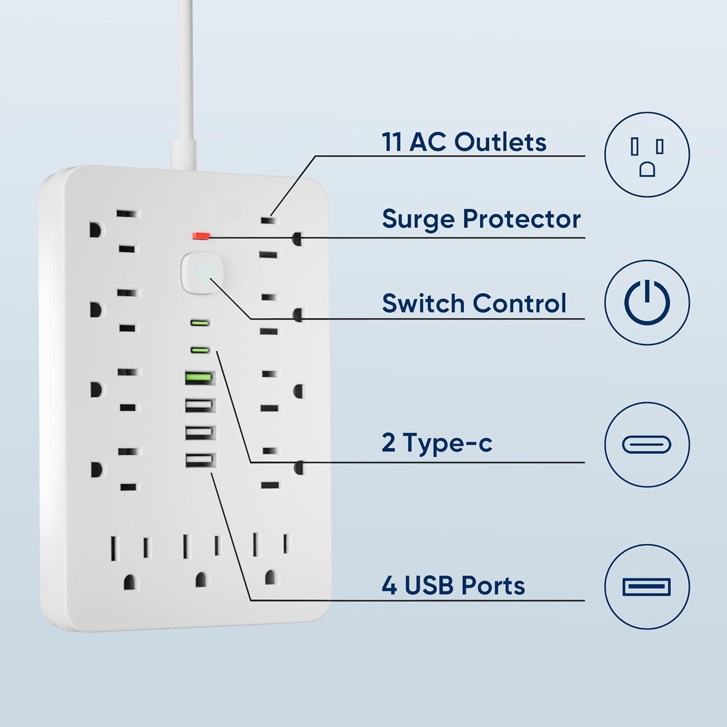 Power Strip, Surge Protector with 11 Multiple AC Outlets and 6 USB Ports (2 USB C), 6 Ft Extension Cord, 1250W/10A, One Touch Switch Button, 17 in 1 Compact powerstrip (White)