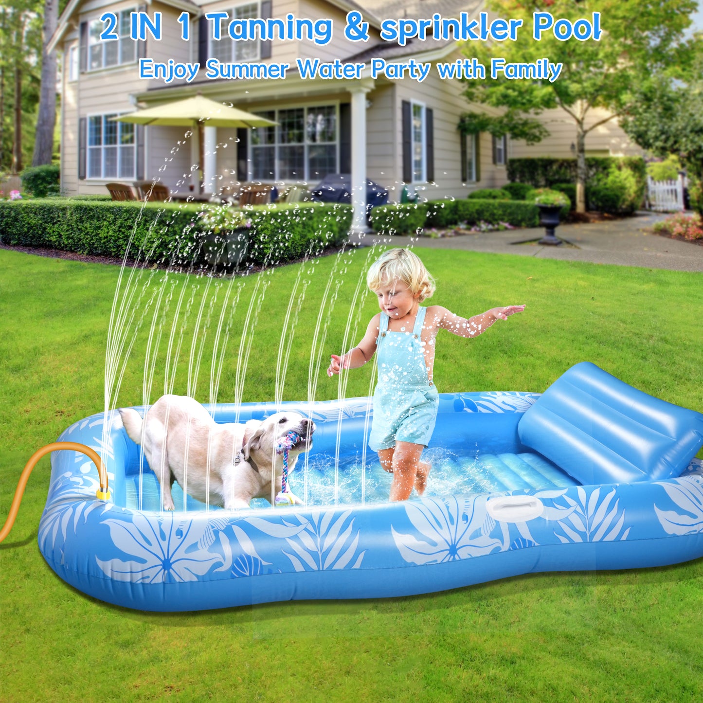 Inflatable Tanning Pool Lounger Float with Sprinkler, 81" x 51" Pool Floats Adult with Pillow, all in one Suntan Tub Raft Floatie with Drink Holder Sunbathing Water Lounge Blue