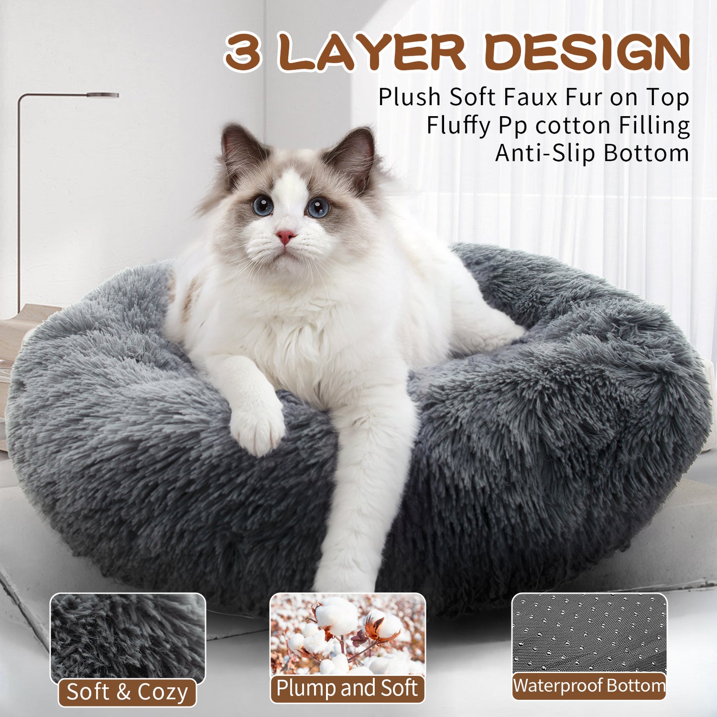 Calming Dog & Cat Bed, Anti-Anxiety Donut Washable Warming Soft Pet Bed, Fluffy Faux Fur Plush Cushion Bed for Small Medium Dogs and Cats-24inch