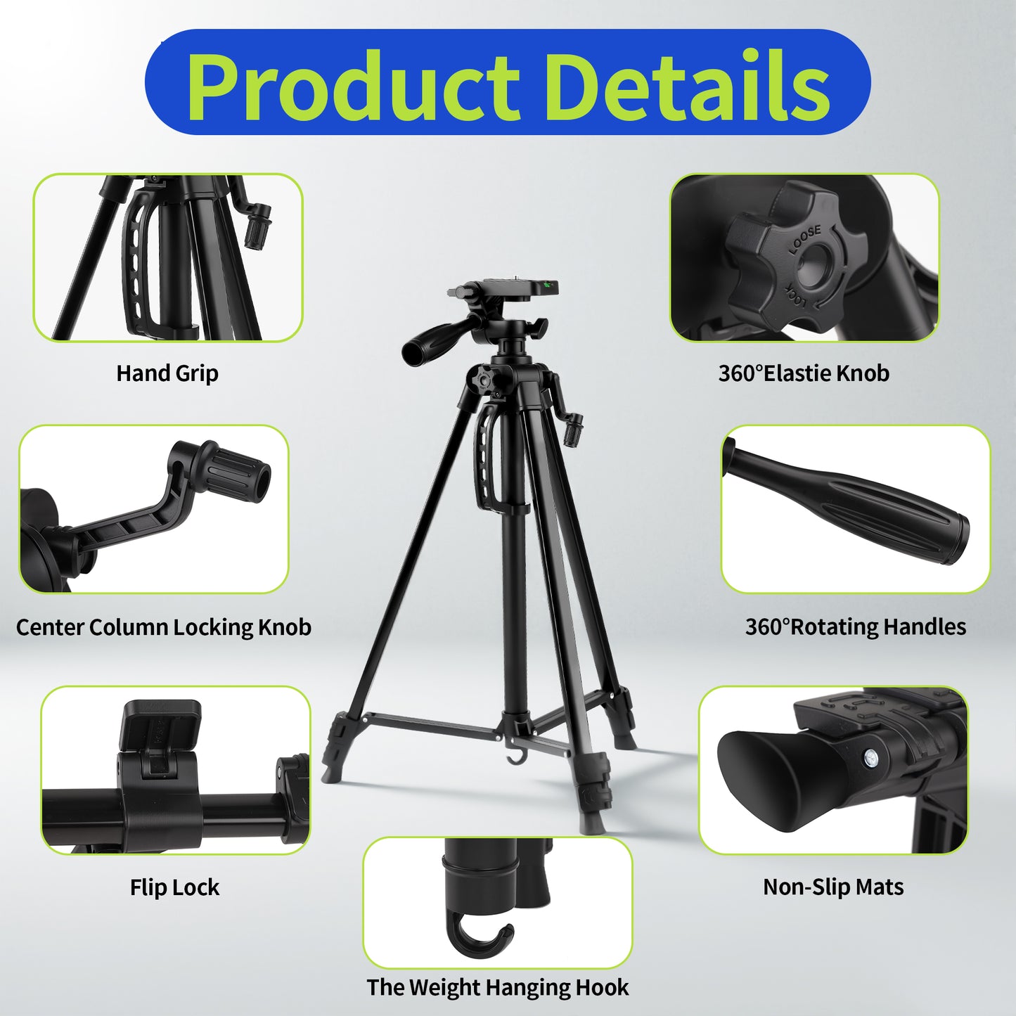 56" Tripod Stand, Portable Cellphone Tripod for iPhone Tablet, Camera Tripod with Travel Bag and Phone Holder, Black