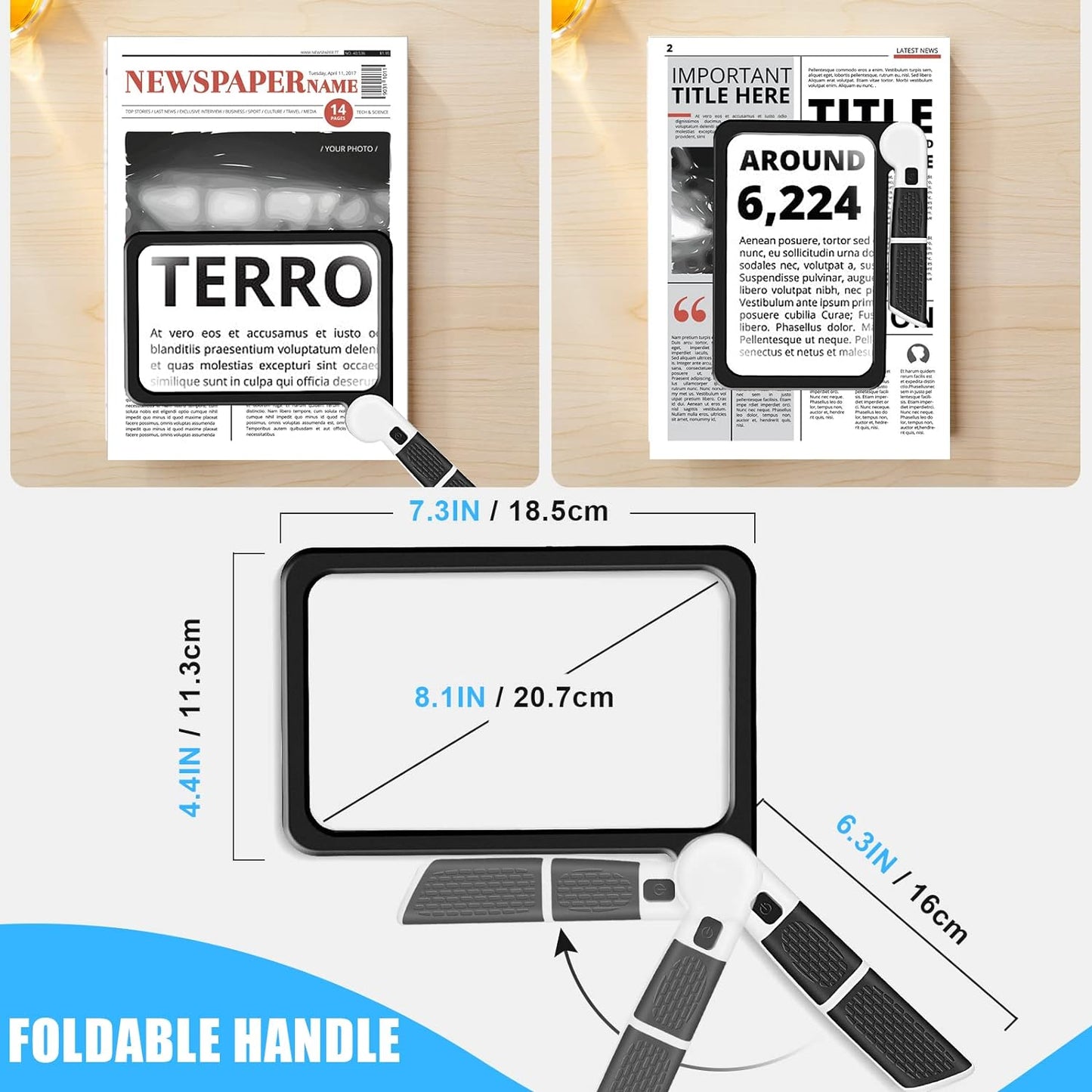 Large Magnifying Glass with Light, Full Page 5X Magnifier 48LED Cold & Warm Light with 3 Modes, Folding Handheld Illuminated Lighted Magnifier for Seniors Low Vision Reading Inspection