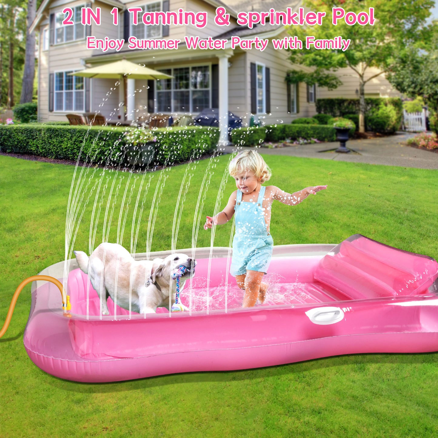 Inflatable Tanning Pool Lounger Float with Sprinkler, 81" x 52" Pool Floats Adult with Pillow, all in one Suntan Tub Raft Floatie with Drink Holder Sunbathing Water Lounge (Clear Pink)