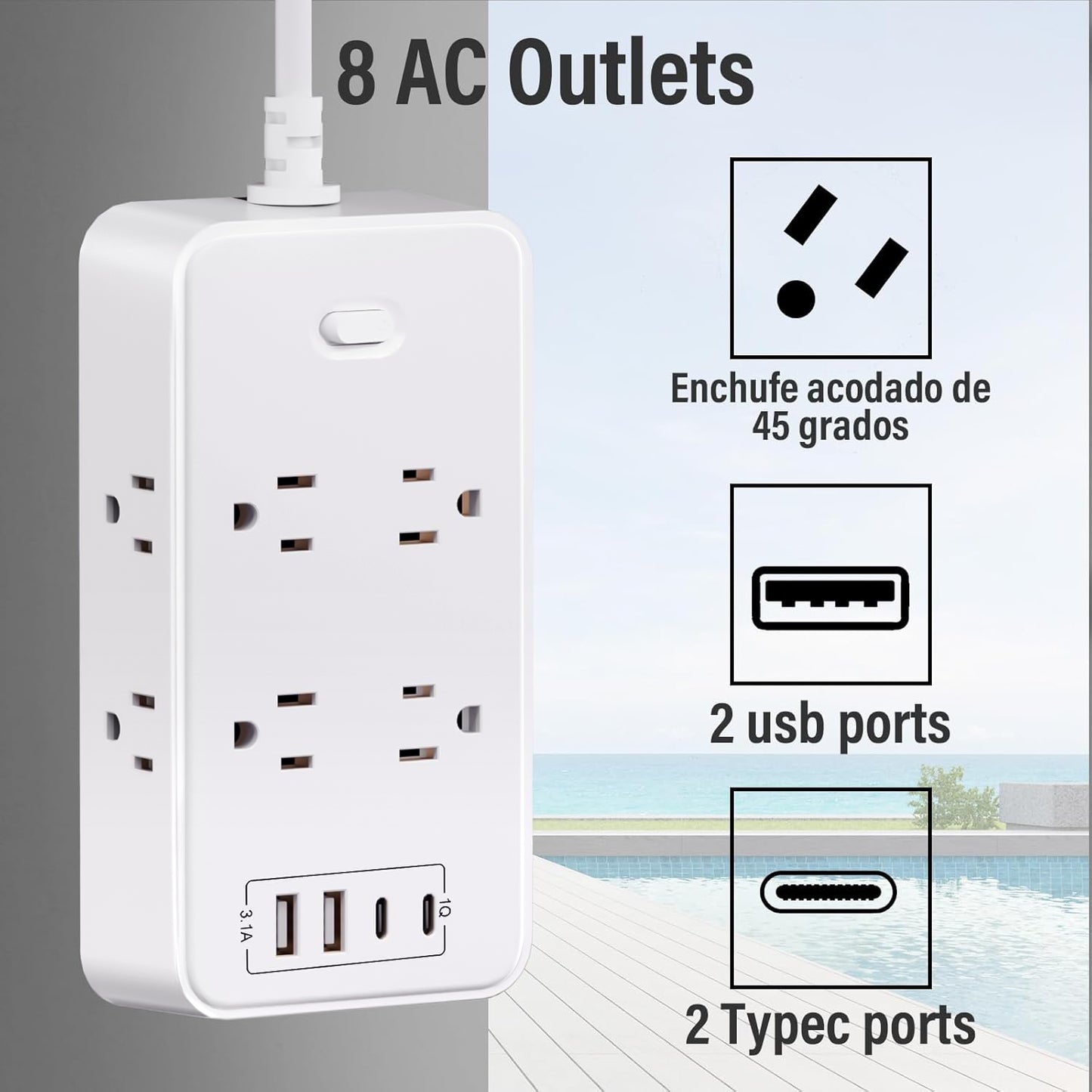 Power Strip Surge Protector, 6.5Ft Extension Cord with 8 Outlets 4 USB Ports(2 USB-C), Wall Mount for Home Office (White)
