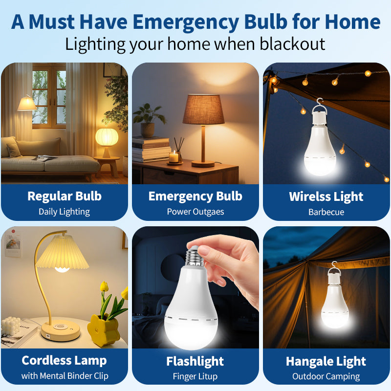Rechargeable Emergency Light Bulbs, Battery Powered LED Light Bulb 6500K Daylight E26 12W 70W Equivalent with 1200mAh for Home Power Outage Camping Hurricane, 4 Pack