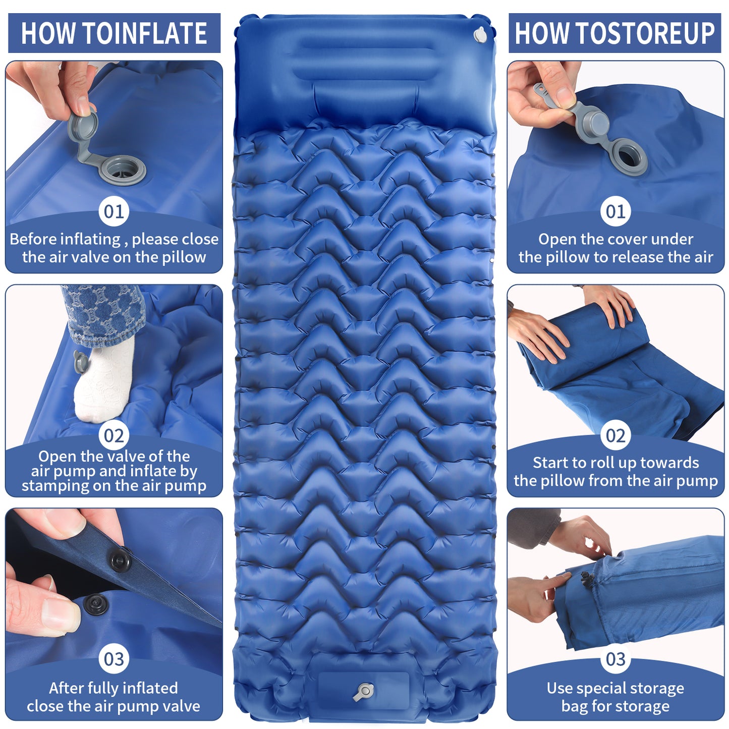 Camping Sleeping Pad, Ultralight Camping Mat with Pillow Built-in Foot Pump Inflatable Sleeping Pads Compact for Camping Backpacking Hiking Traveling Air Mattress
