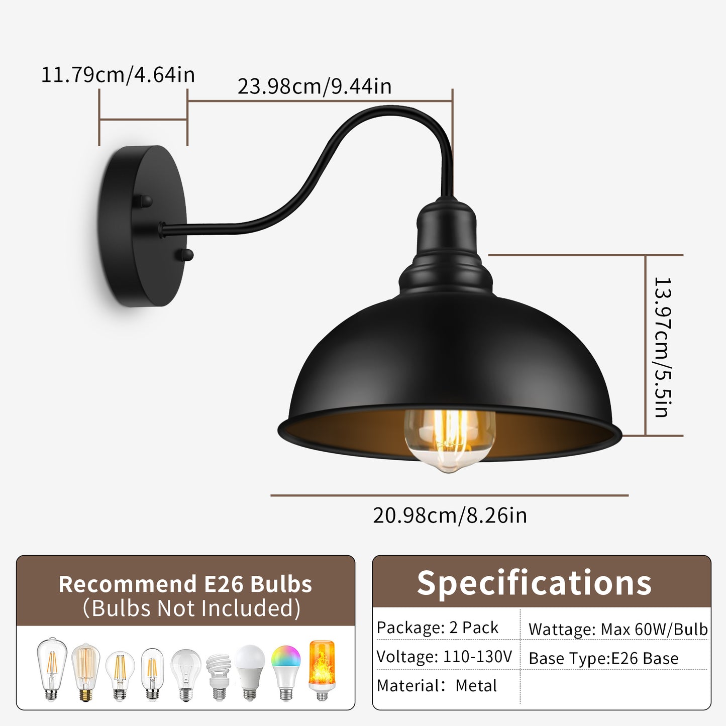 Outdoor Wall Sconce, Exterior Gooseneck Barn Light Outdoor Wall Lights Industrial Porch Lights Wall Mount Outside Wall Lantern Fixture for Porch, Frontdoor, Garage, 2 Pack