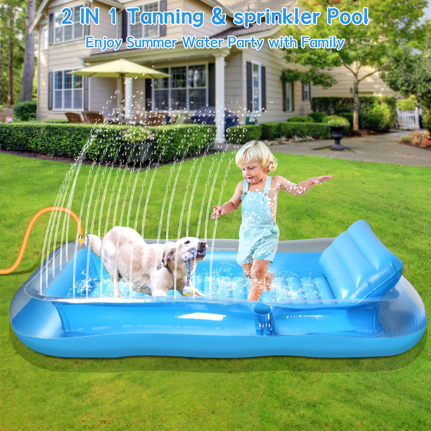 Inflatable Tanning Pool Lounger Float with Sprinkler, 81" x 53" Pool Floats Adult with Pillow, all in one Suntan Tub Raft Floatie with Drink Holder Sunbathing Water Lounge (Clear Blue)