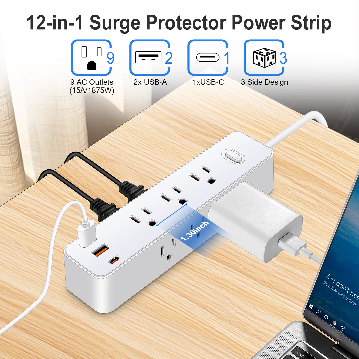 Power Strip Surge Protector, 12-in-1 Power Bar with Multiple Outlets, 9 Outlet 3 USB Ports, Flat Plug Power Strip Surge Protector, Multi Outlet Wall Plug for Travel, College, Dorm Room Essentials