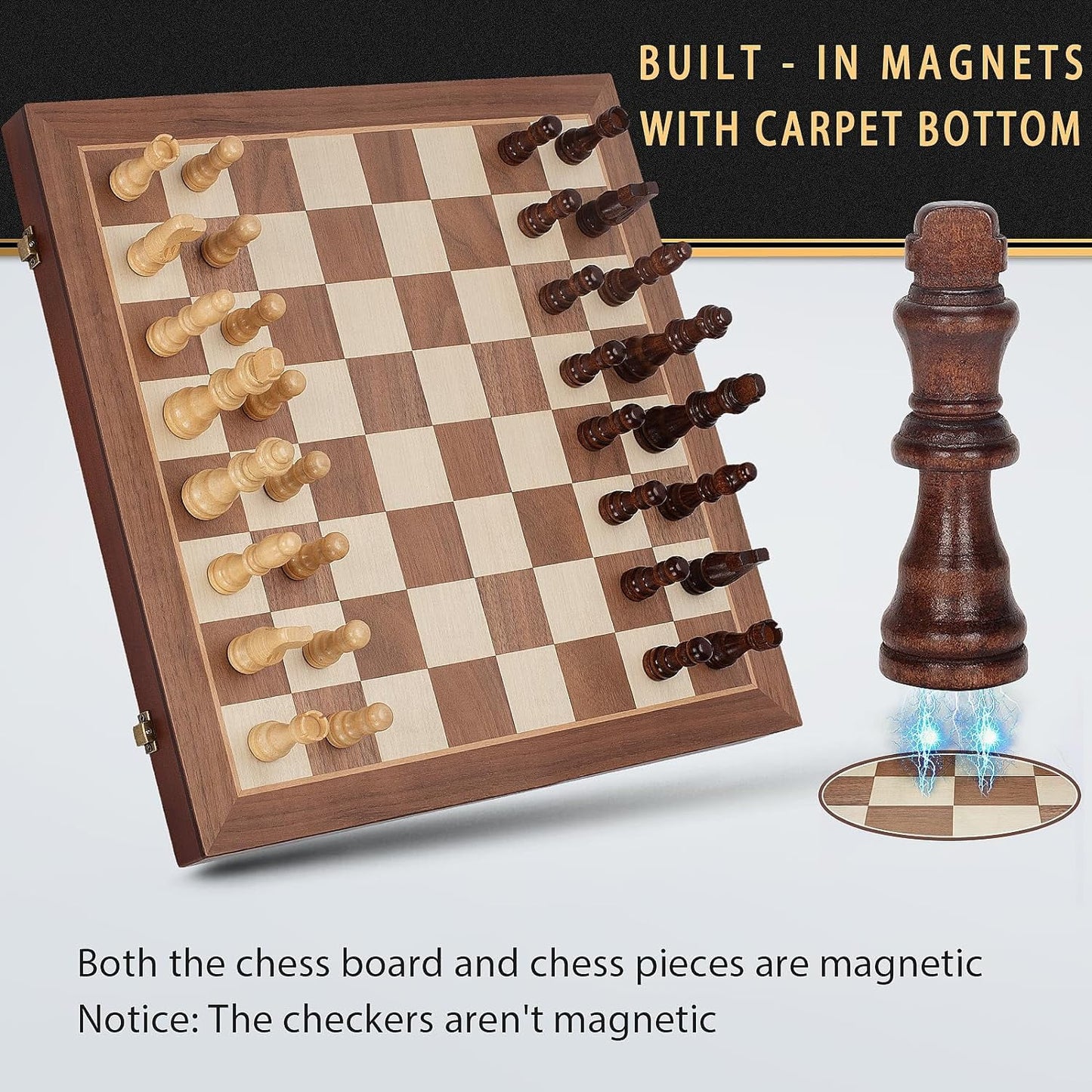 2 in 1 Magnetic Chess Set & Checkers Board Game, 15" Wooden Folding Chess Board with 2 Extra Queens, Portable Travel Chess Set, Beginner Chess Board Game for Adults & Kids